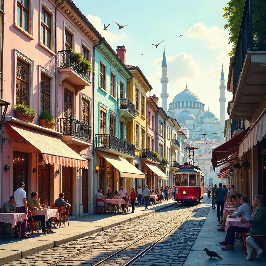 Pastel Facades on a Lively Istanbul Street