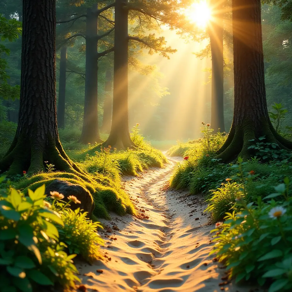 Serene Sunlit Forest with a Sandy Path and Lush Greenery