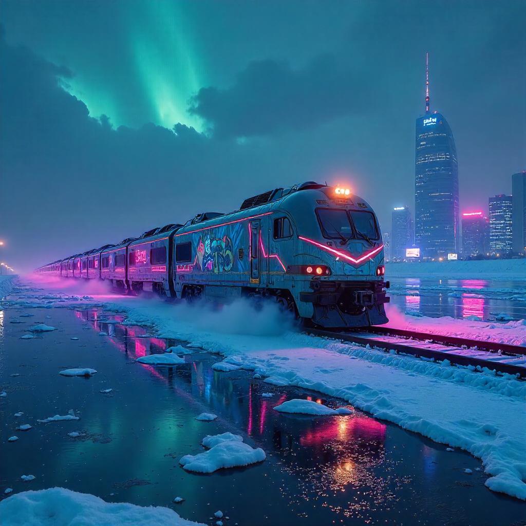 Neon Train Crossing a Frozen Cyberpunk Lake