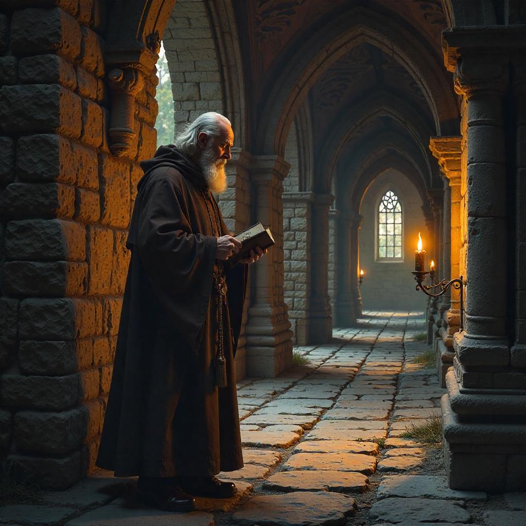 Monk in a Dim Medieval Castle Hall
