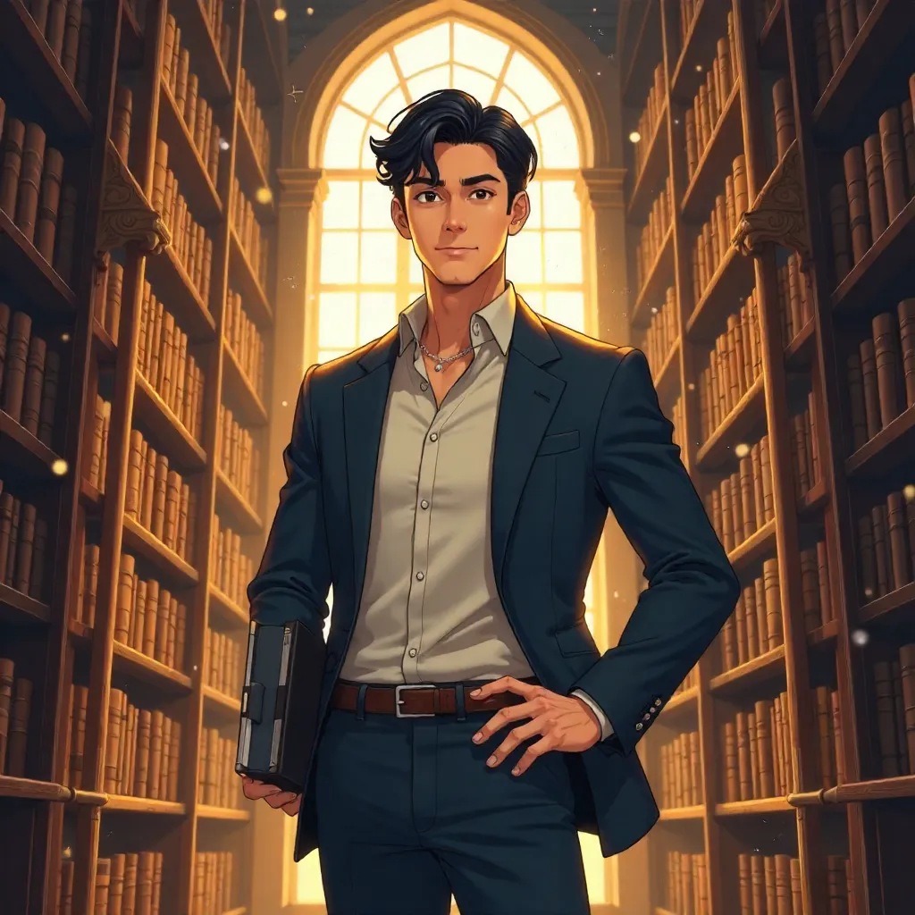 Confident Asian Man in a Library – Anime Style