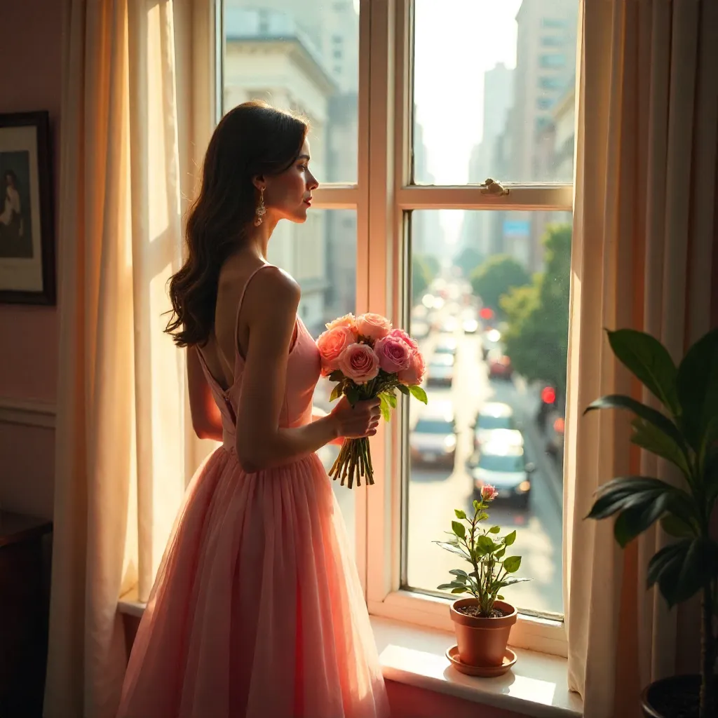 Pink Dress by the Window Overlooking City Street