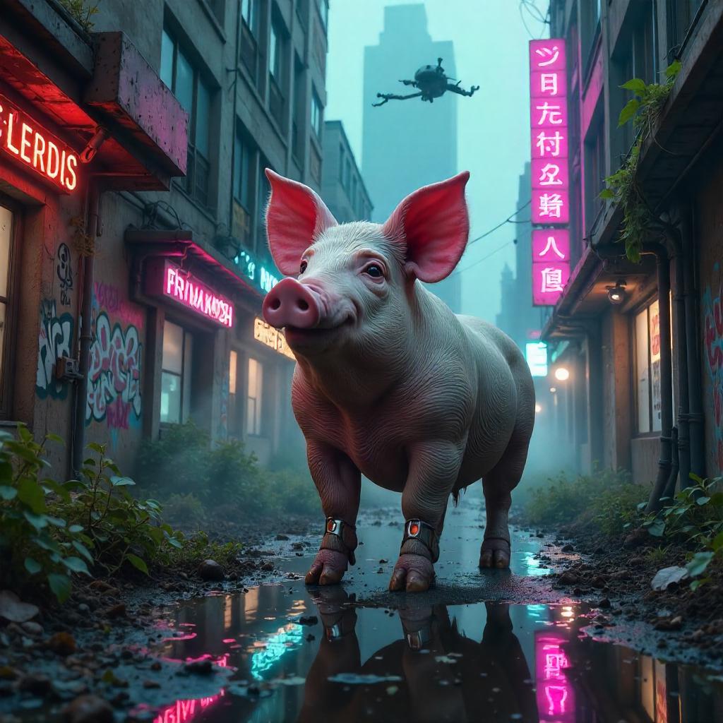 Pig in Neon Ruins: A Cyberpunk Dystopia