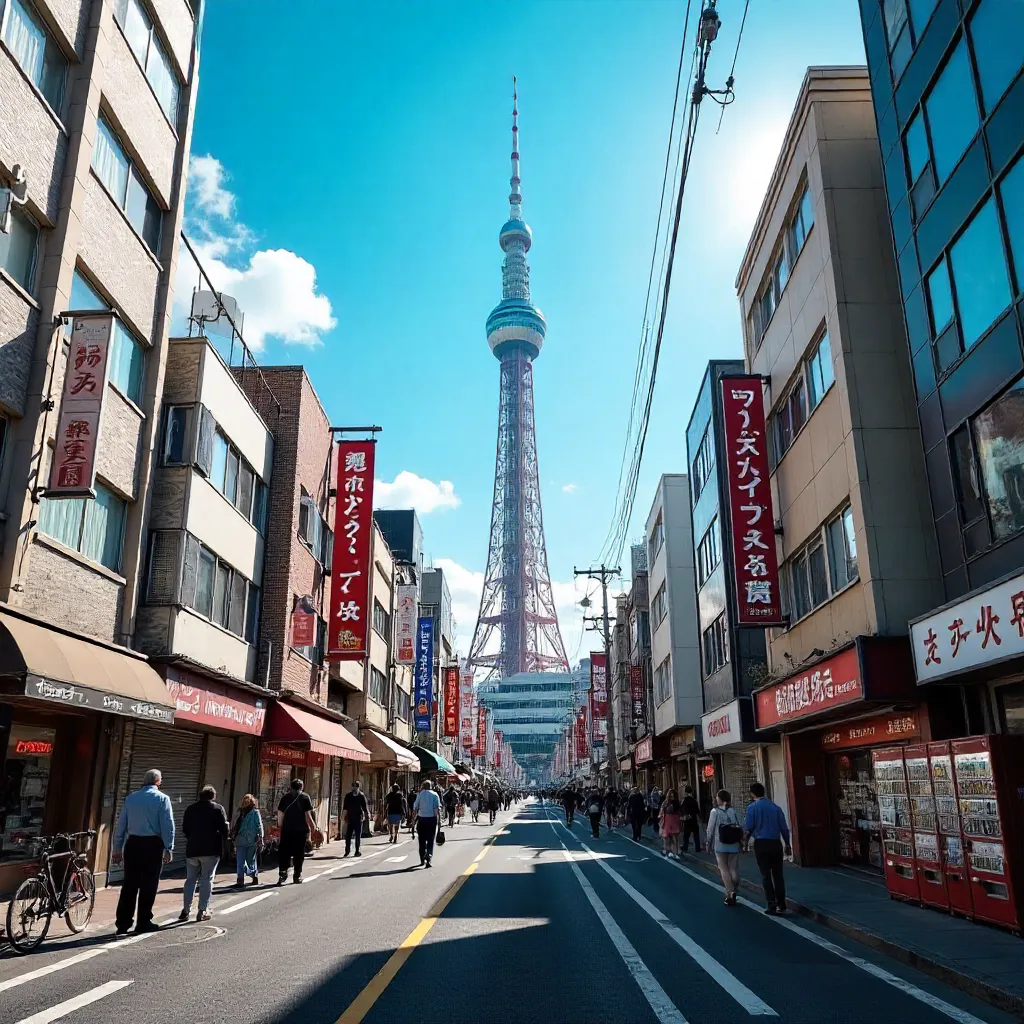 Tokyo Skytree Over Bustling Street on a Clear Day