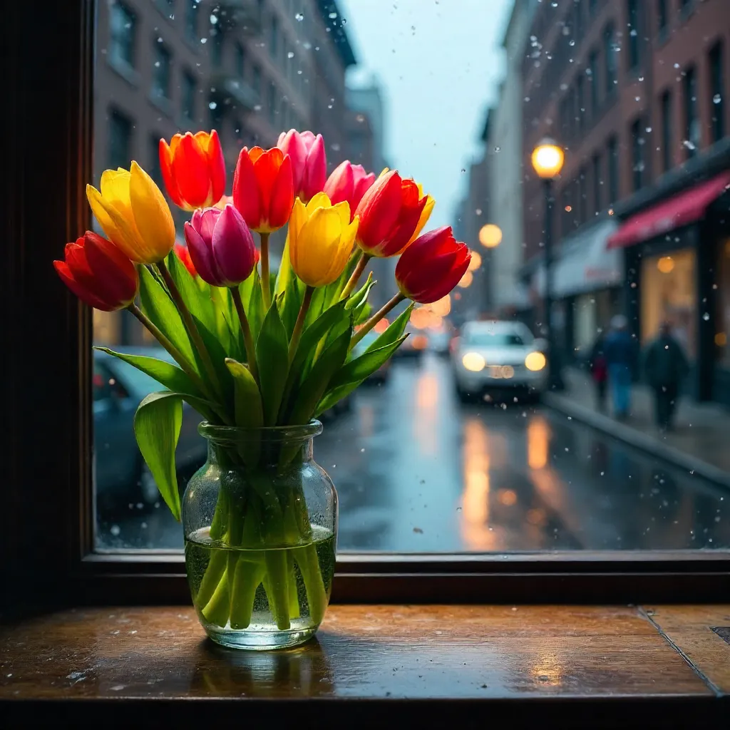 Tulips by the Window on a Rainy Day