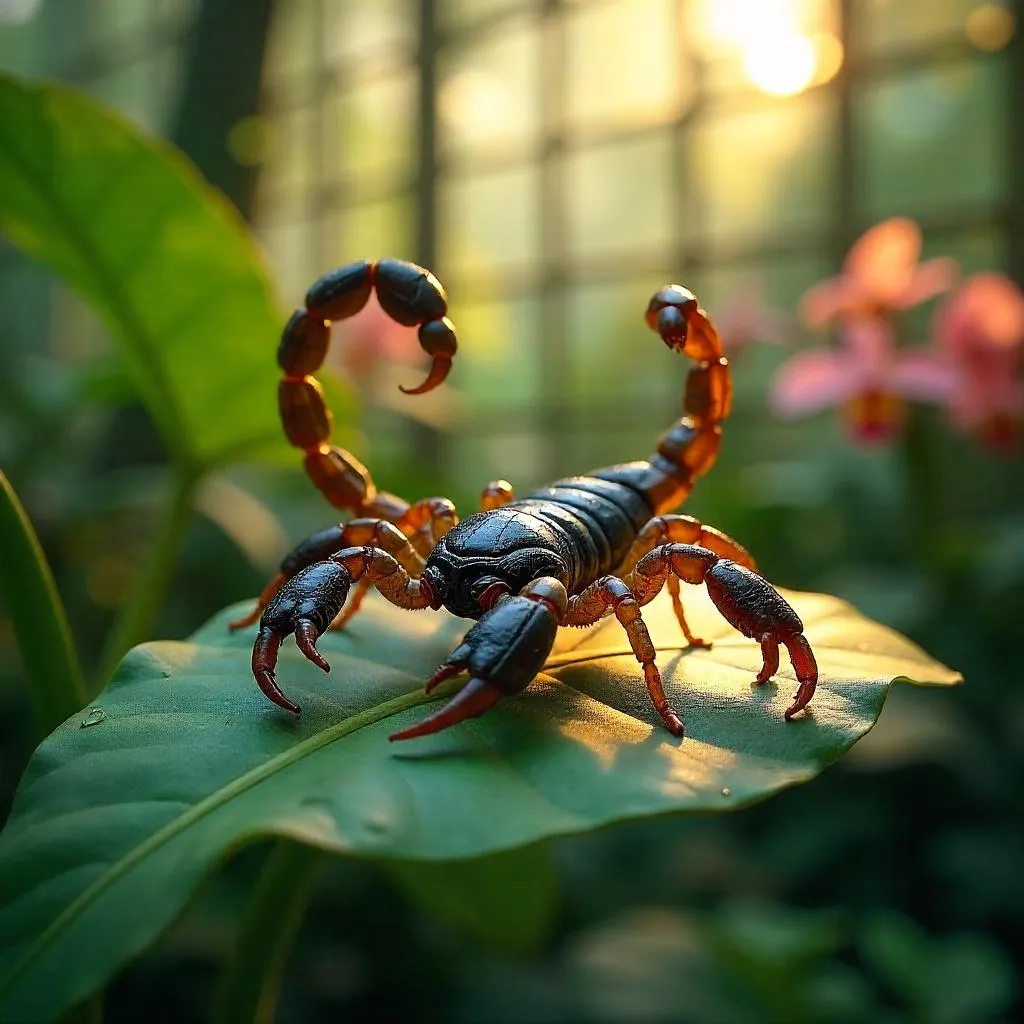 Photorealistic Scorpion in a Lush Botanical Garden