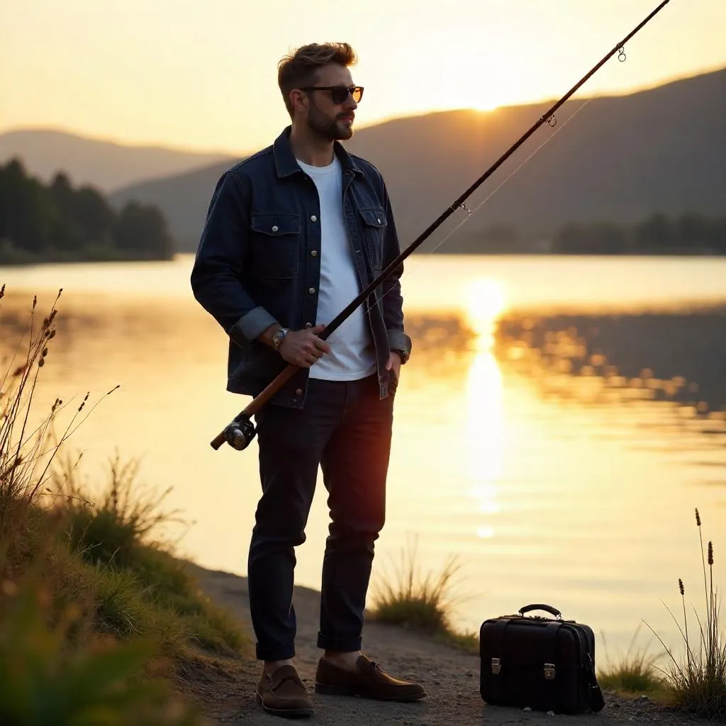 Stylish Caucasian man by a tranquil lakeside fishing spot