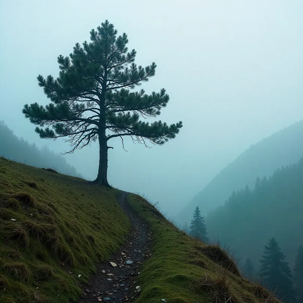 A Solitary Tree in Fog over Bolu's Misty Landscape