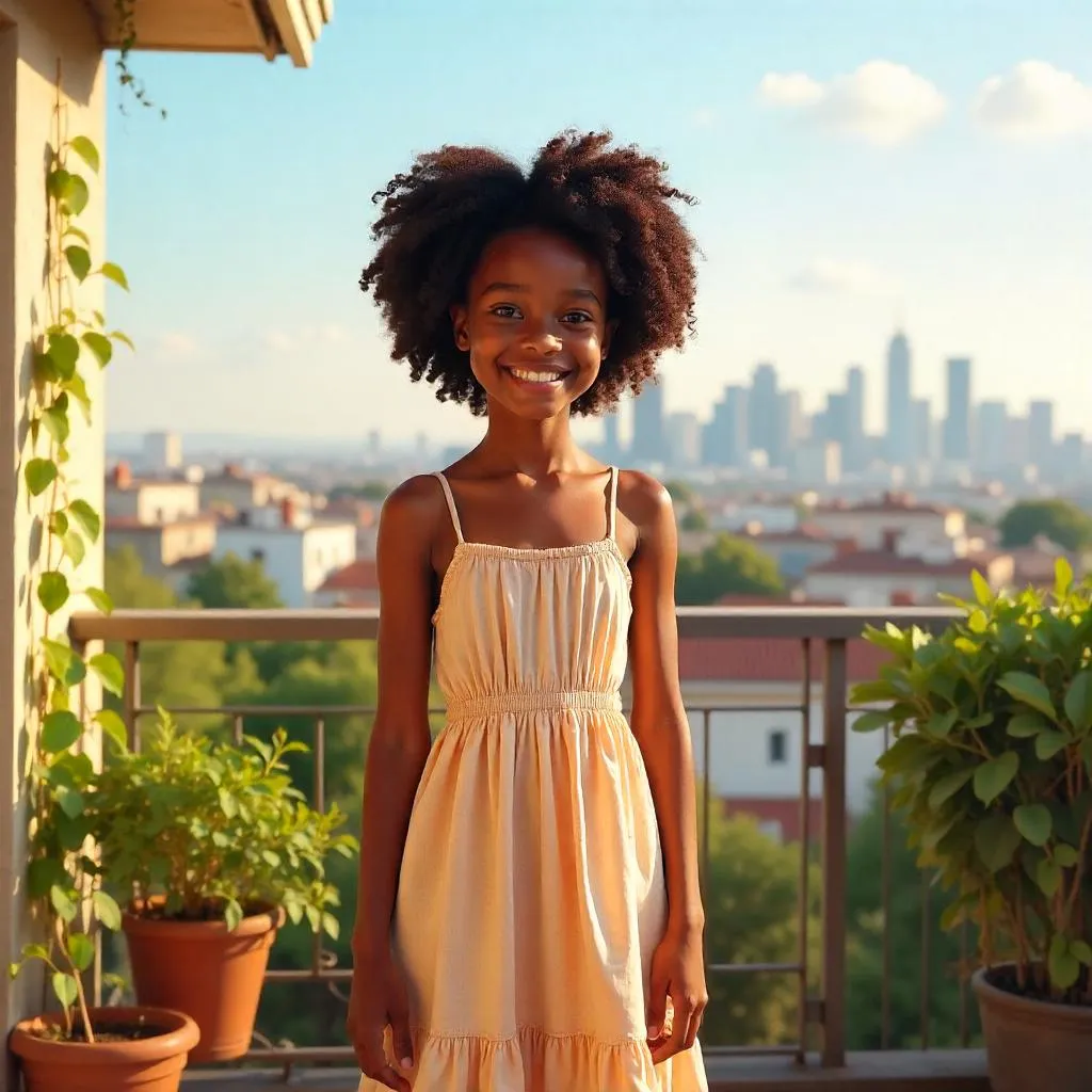 Cheerful Black Girl on a Sunlit Balcony