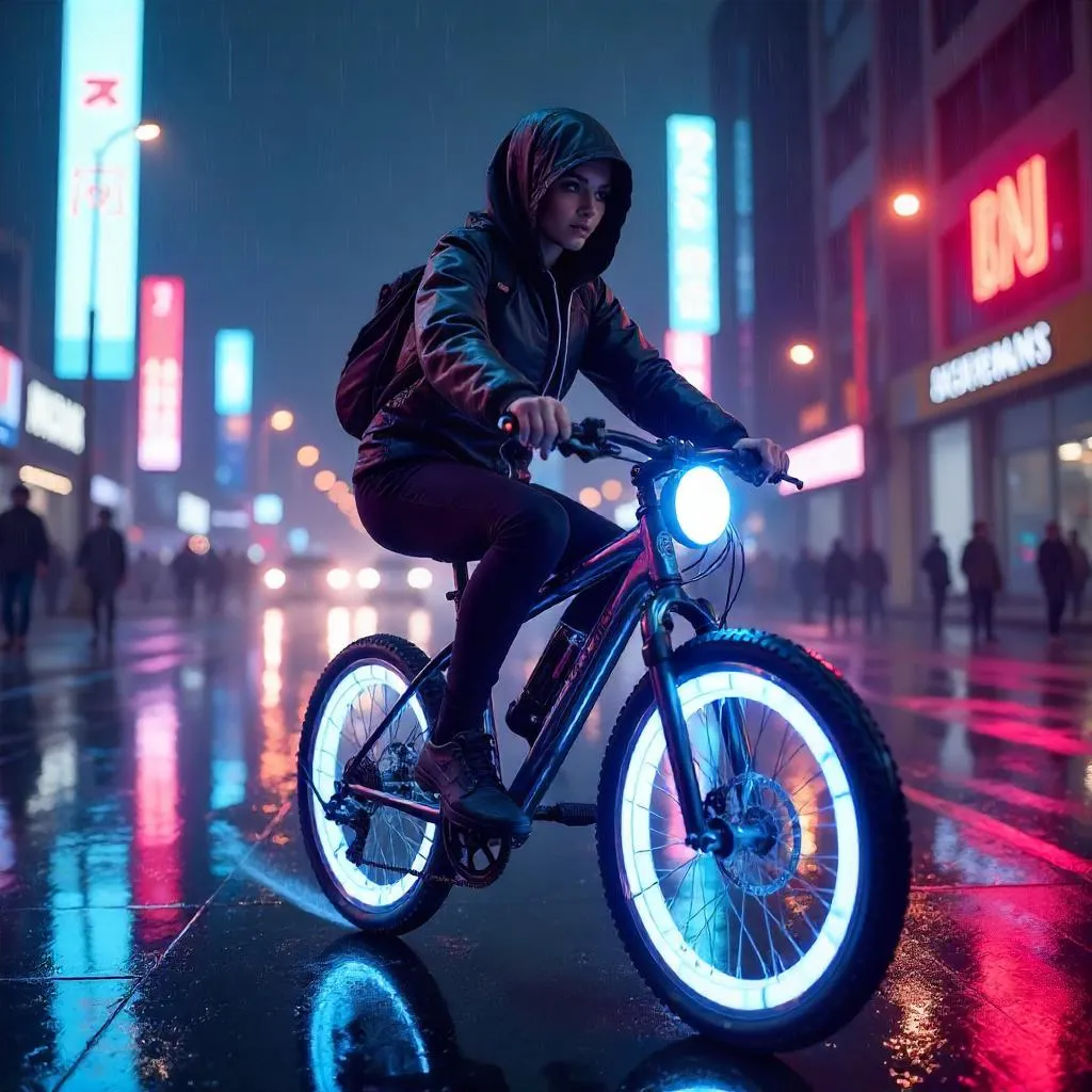 Neon Night Ride: Cyberpunk Middle Eastern Girl on a Bicycle