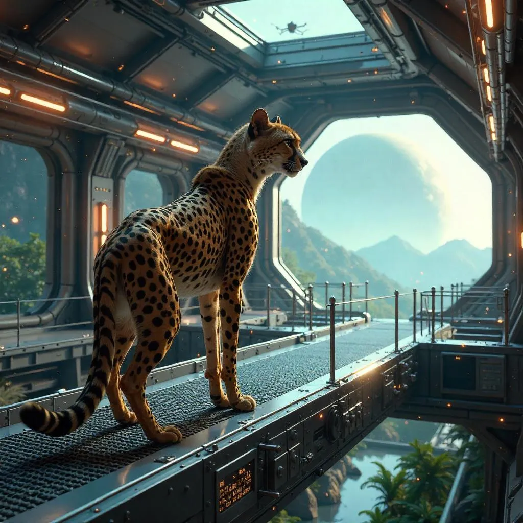 Cheetah in a Futuristic Terraforming Station