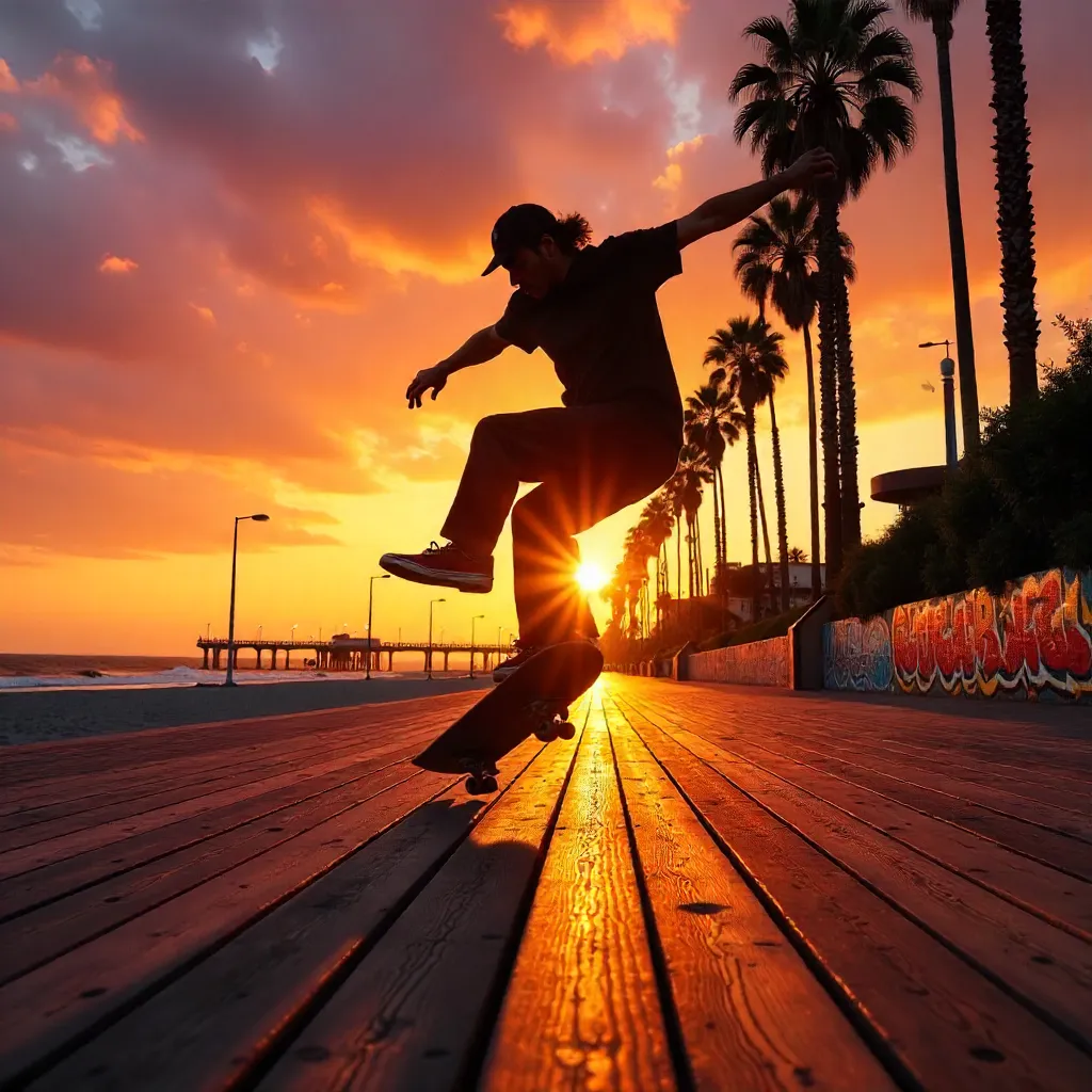 Silhouette Skate Trick at Sunset, Venice Beach
