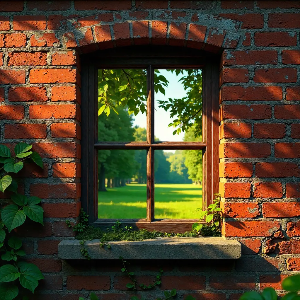 Vintage Brick Wall with a Window Reflecting Nature
