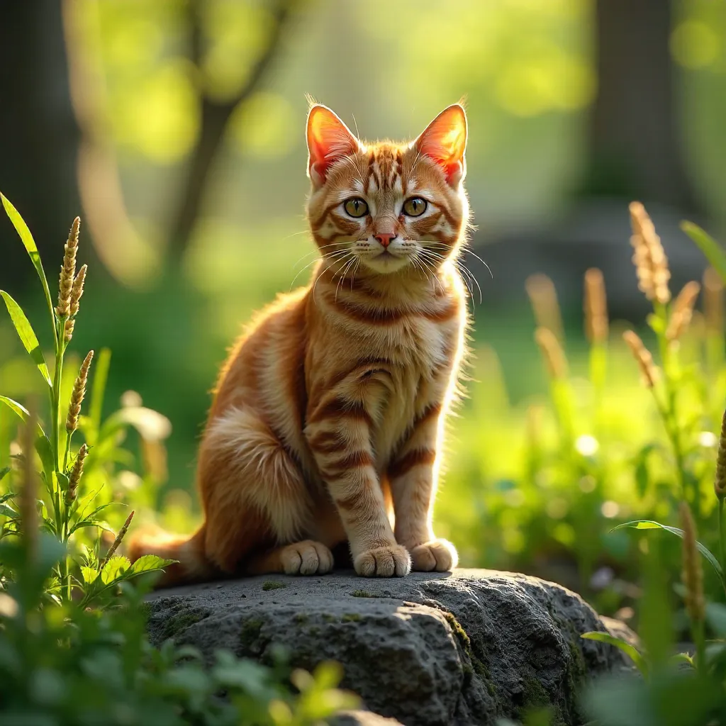 Sunny Ginger Tabby on a Mossy Rock Among Greenery