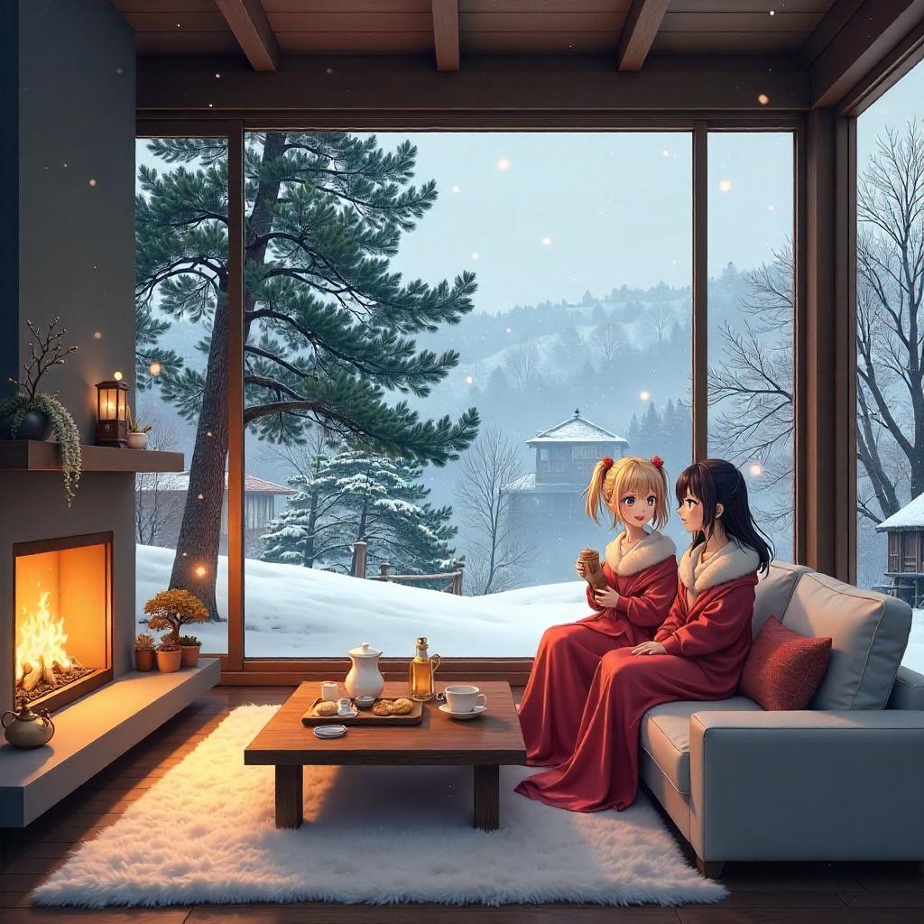 Snowy Anime Villa Serenity: Cozy Winter in a Grand Estate