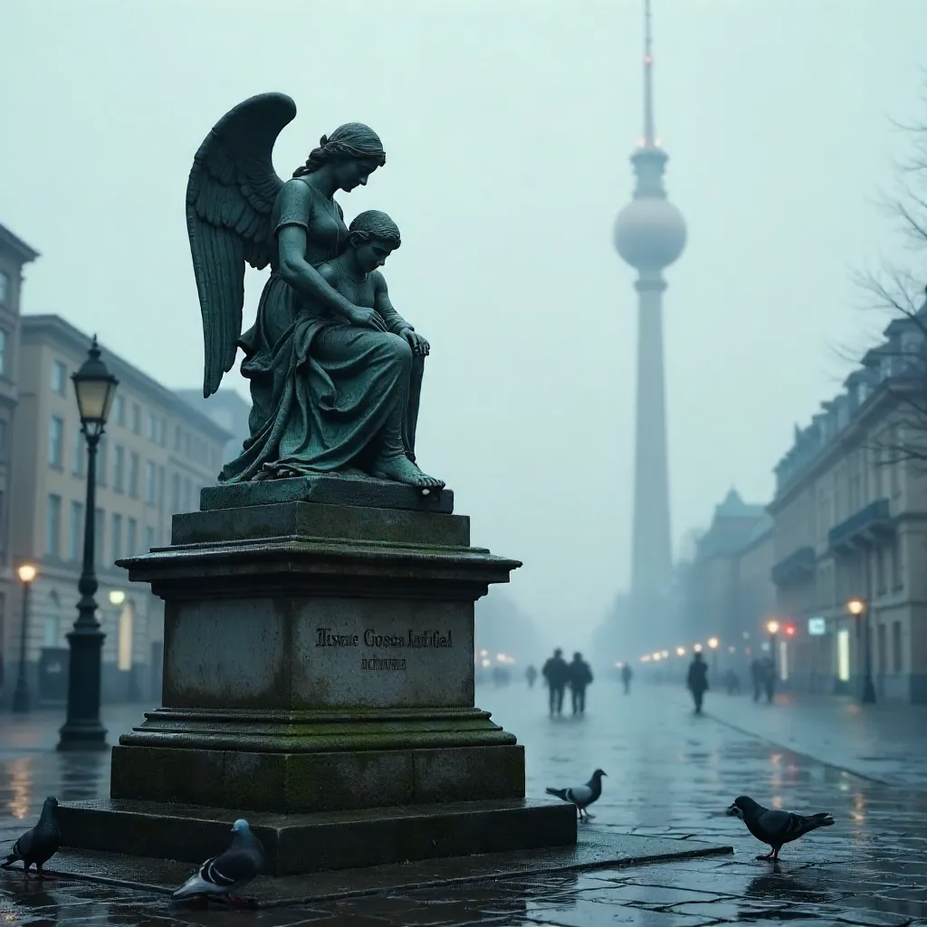 Foggy Berlin Angel Statue with TV Tower Backdrop