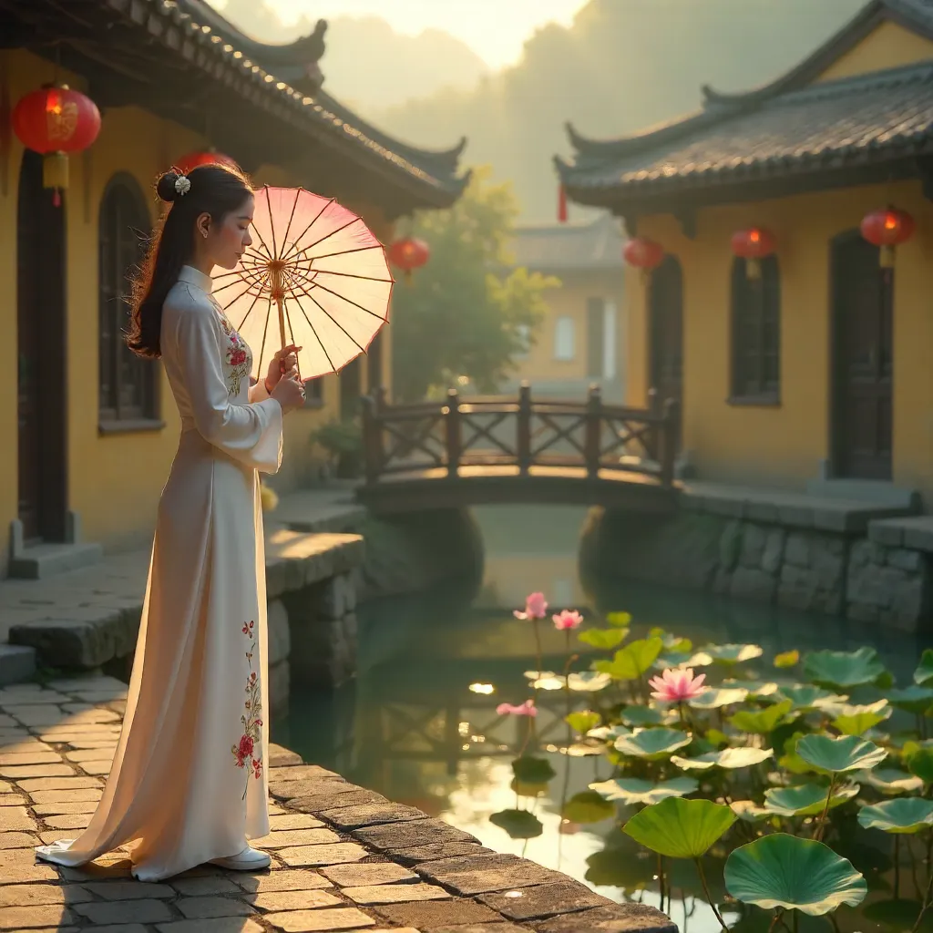 Ao Dai and Paper Parasol in a Traditional Vietnamese Setting