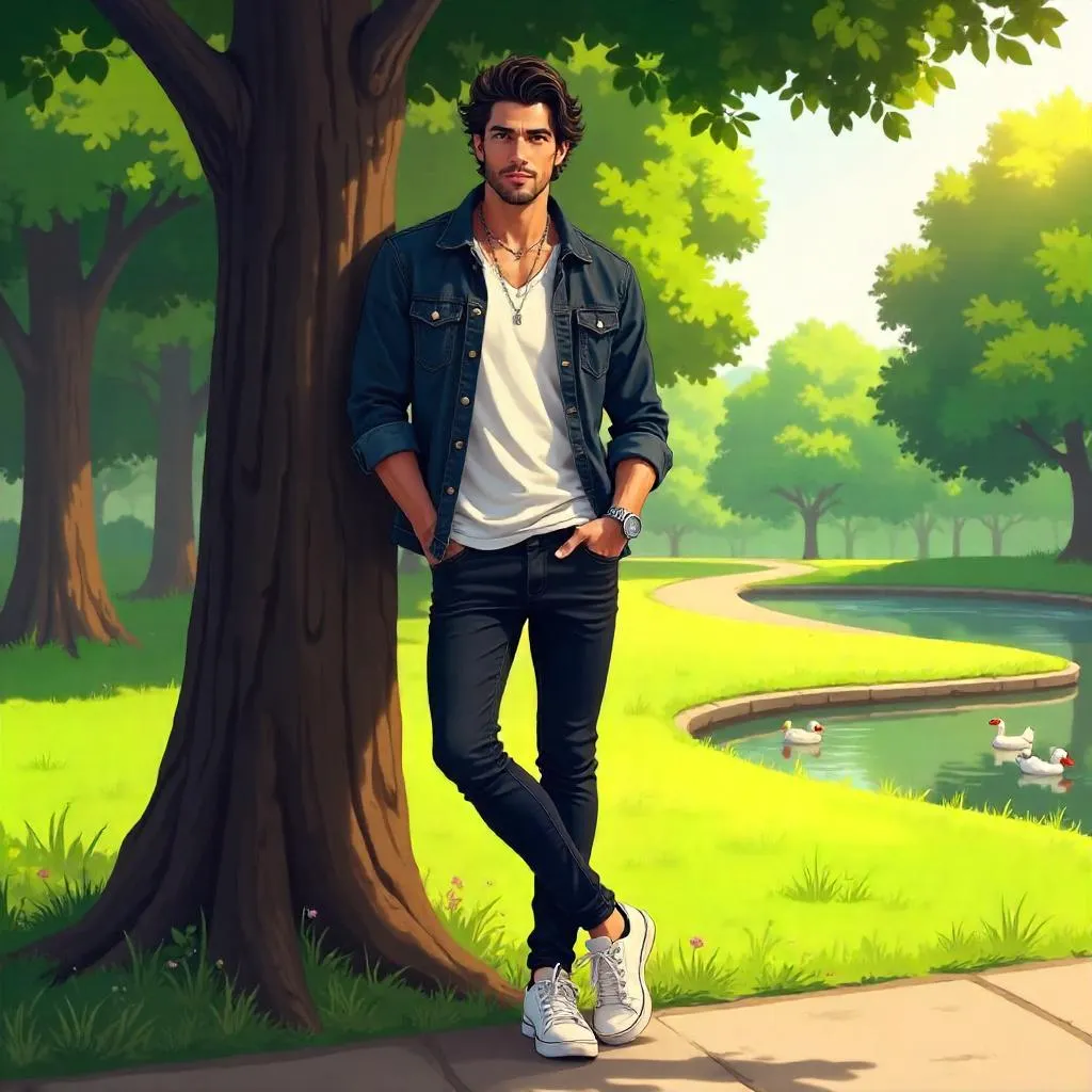 Stylish Latino Man in an Anime Park Scene