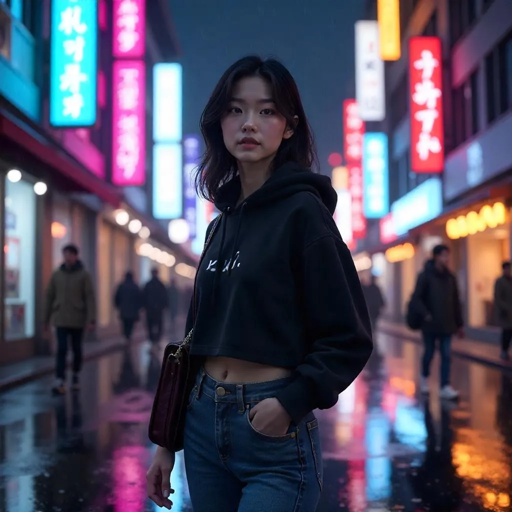 Neon Night: 3D Rendered Asian Woman in the City
