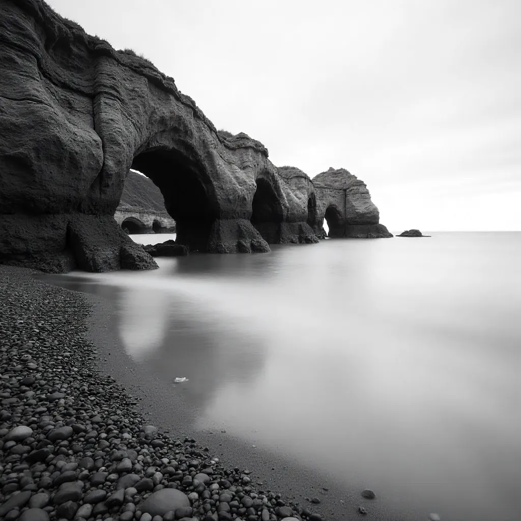 Serene Monochrome Seascape with Rocky Arches