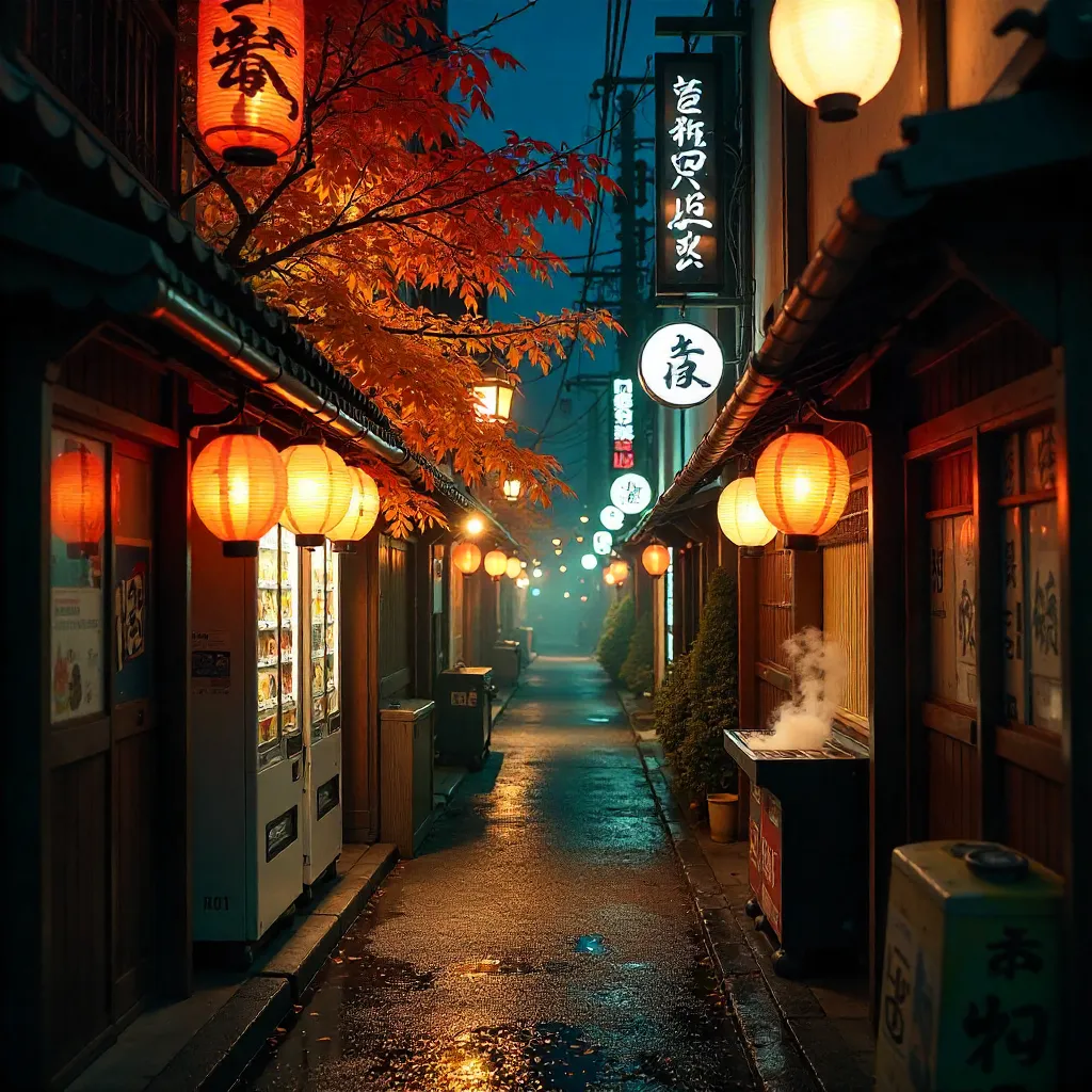 Autumn Lantern Alley in Tokyo at Night