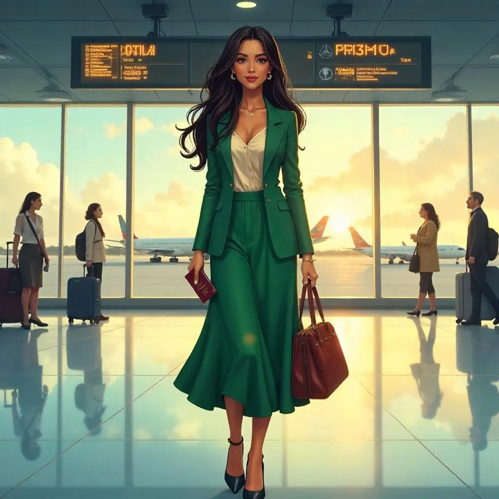 Elegant Latina in Anime-Style Airport Terminal