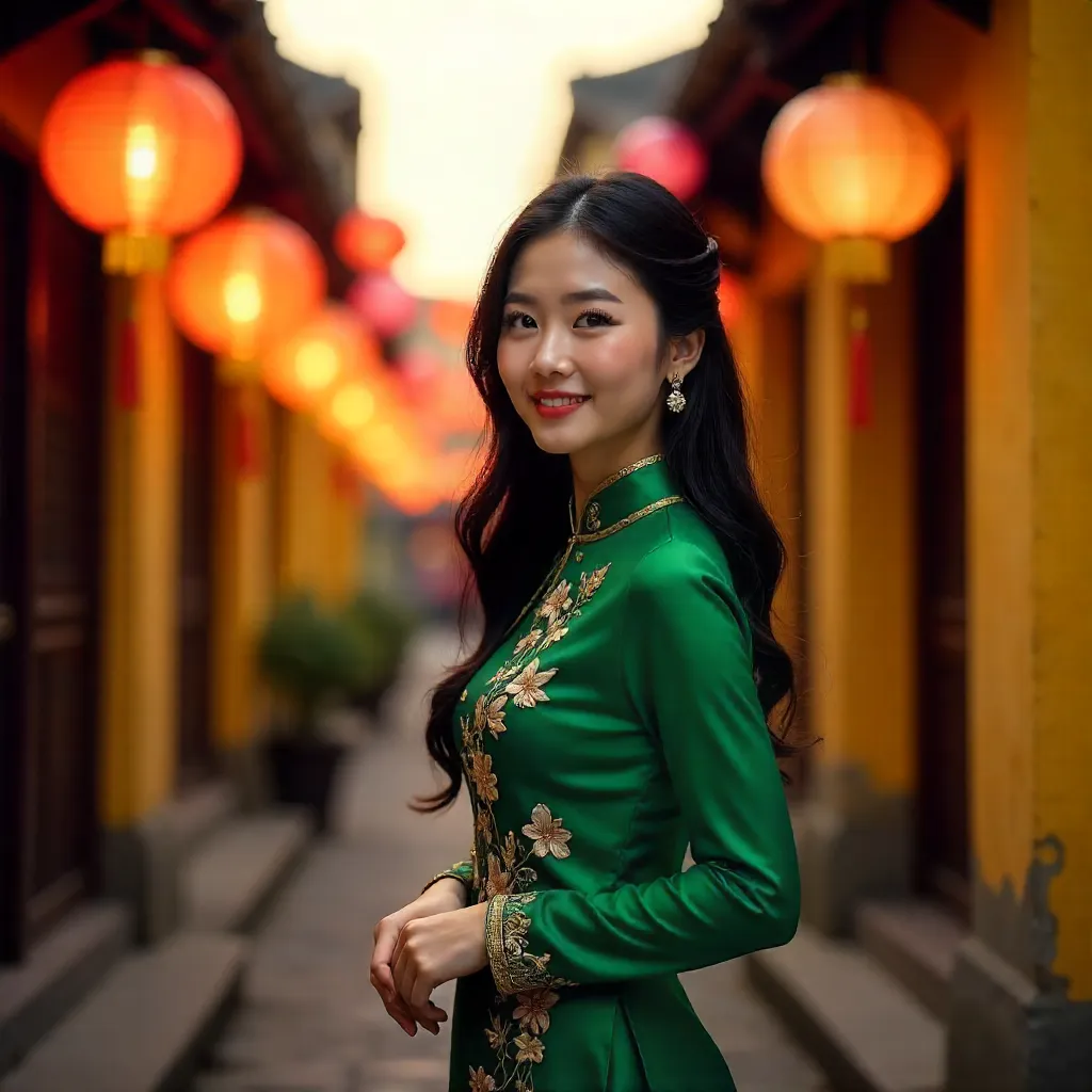 Green Ao Dai by Lanterns in Hoi An