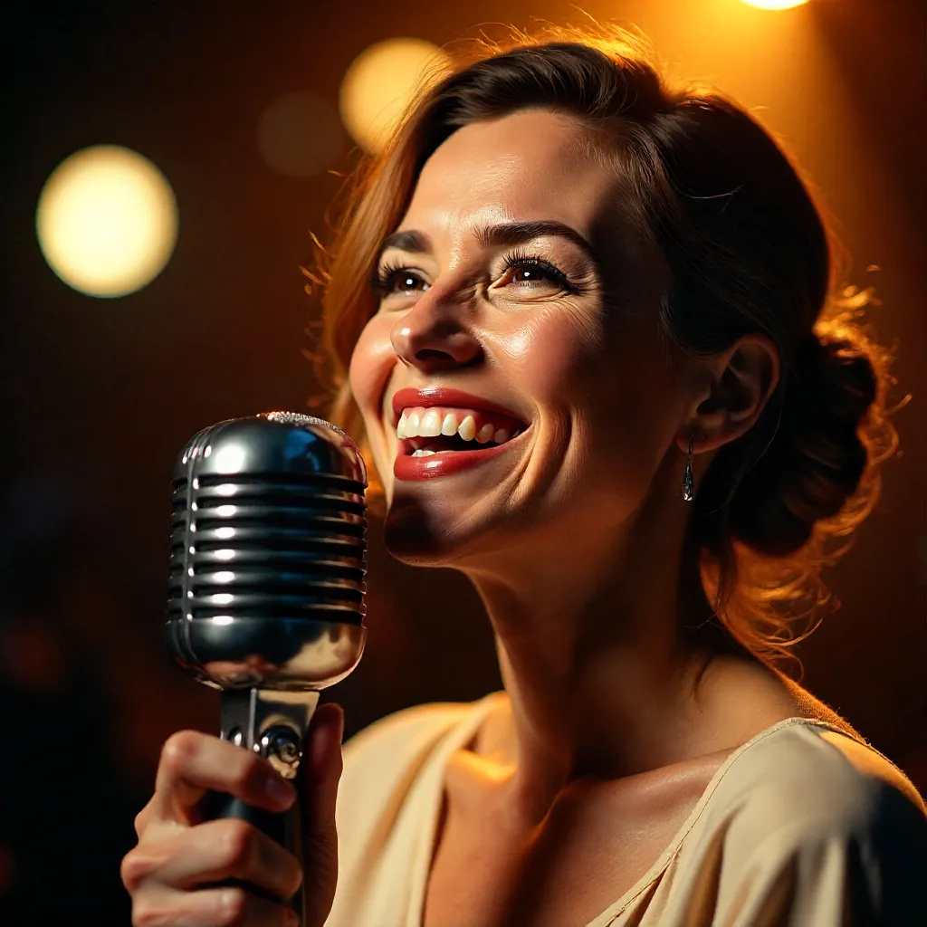 Close-Up: Smiling Woman with Vintage Microphone