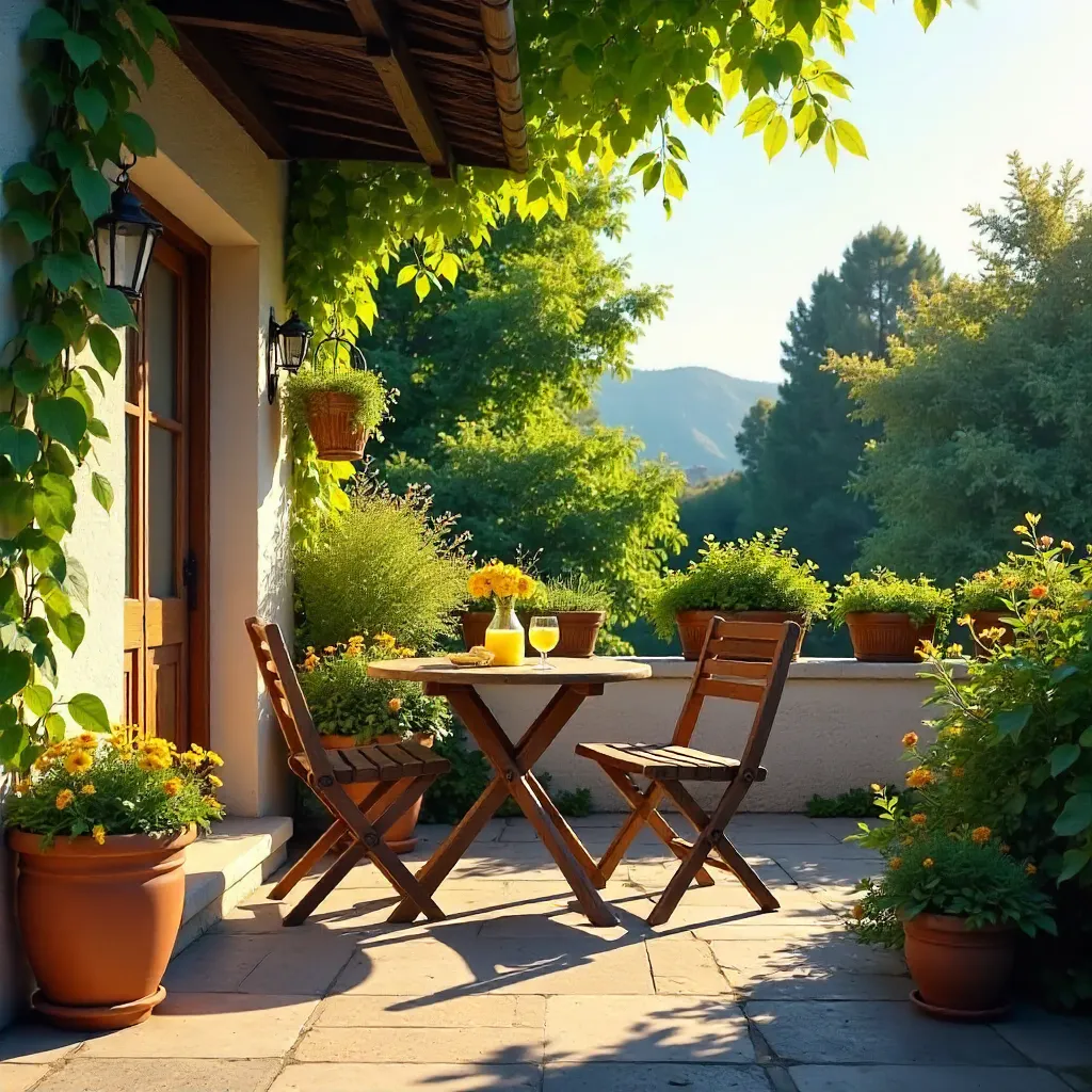 Sunny Patio with Table, Chairs, and Plants