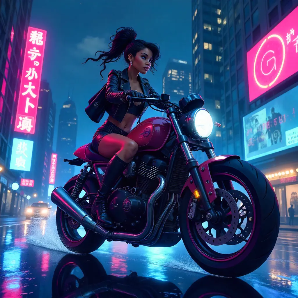 Elegant Black Girl on a Neon Anime Motorcycle