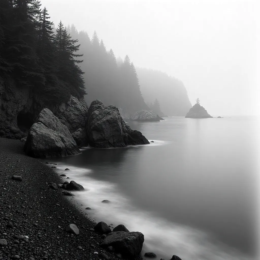 Monochrome Mist on a Rocky Coastal Forest