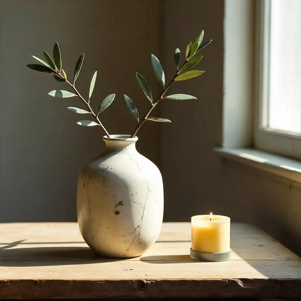 Minimalist Wabi-Sabi Vase with Olive Branches