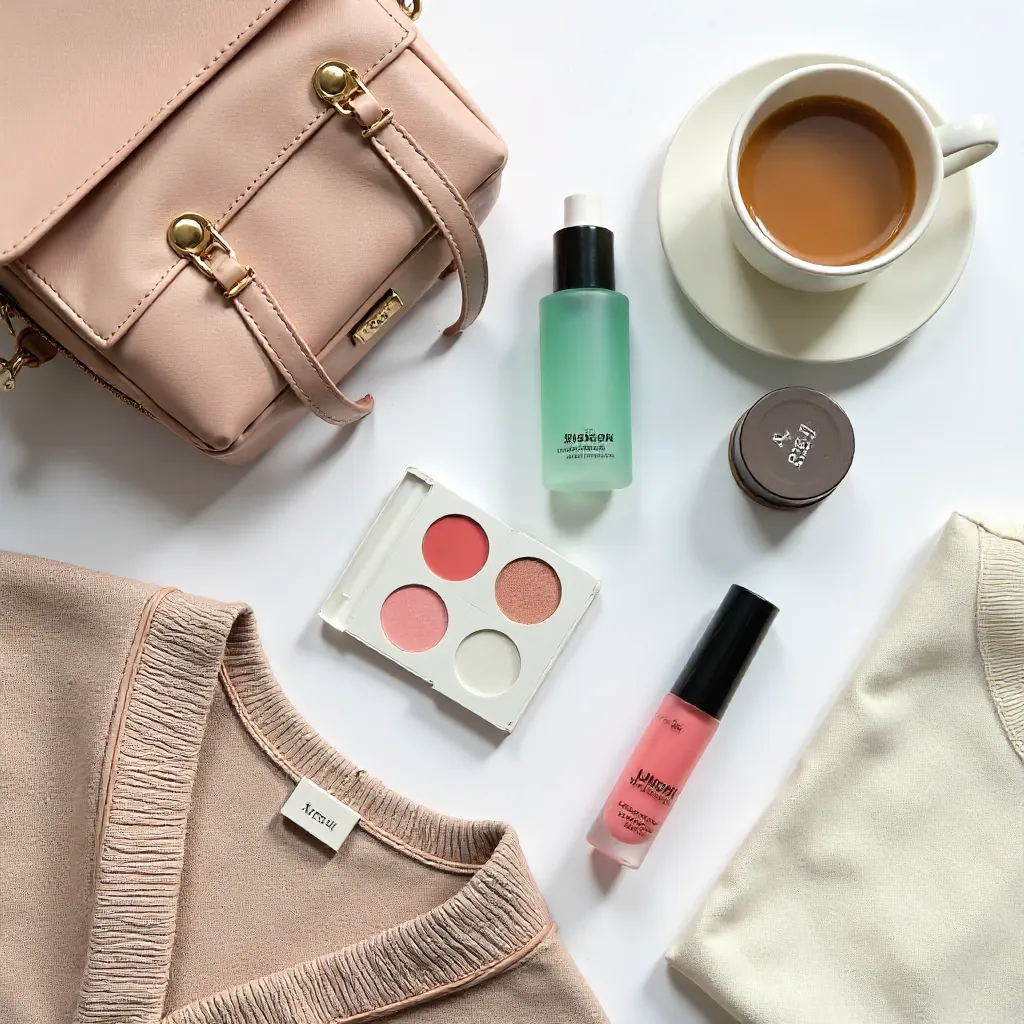 Flat lay: Trendy Asian cosmetics, coffee, bag & clothes