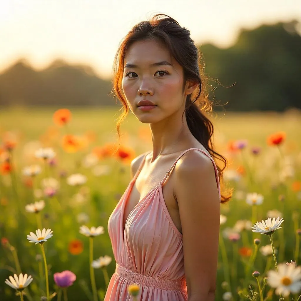 Confident Asian Woman in a Field of Flowers