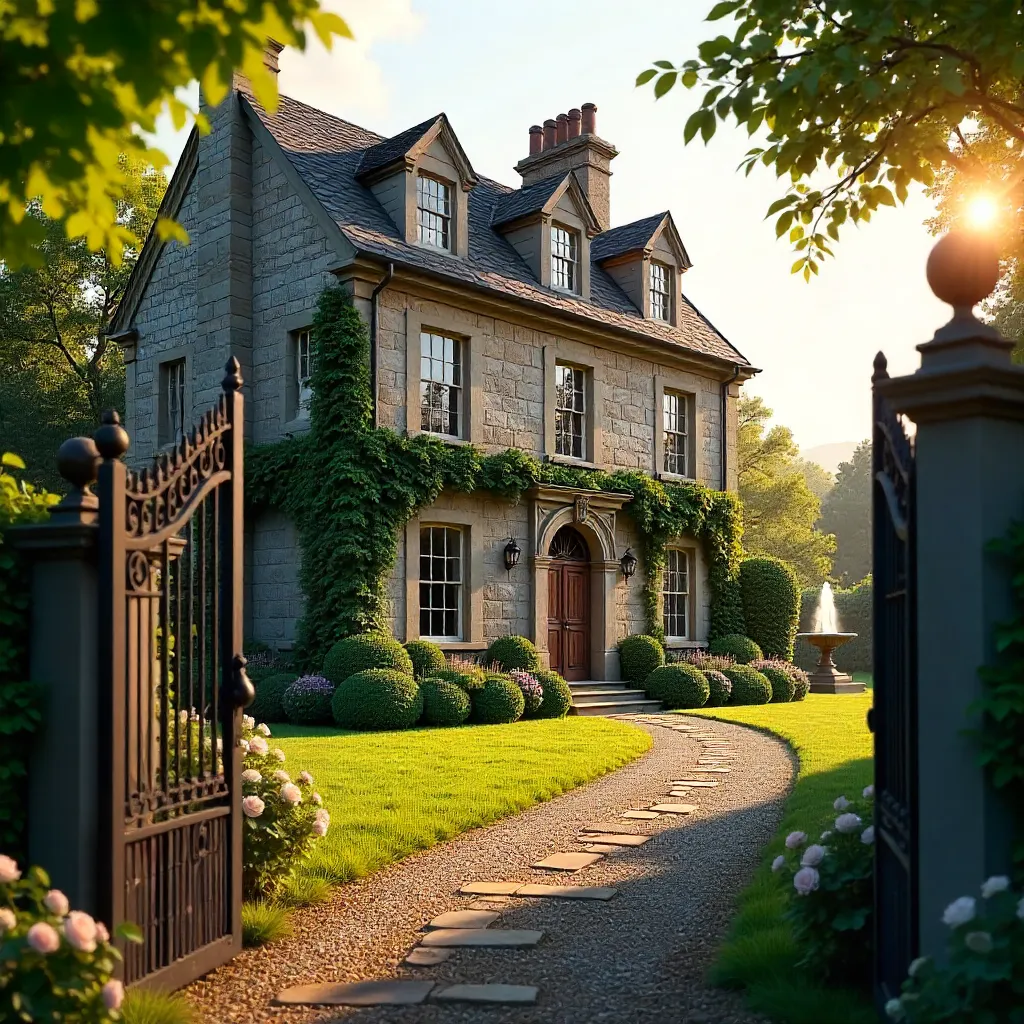 Charming Stone Mansion with Lush Garden Pathway