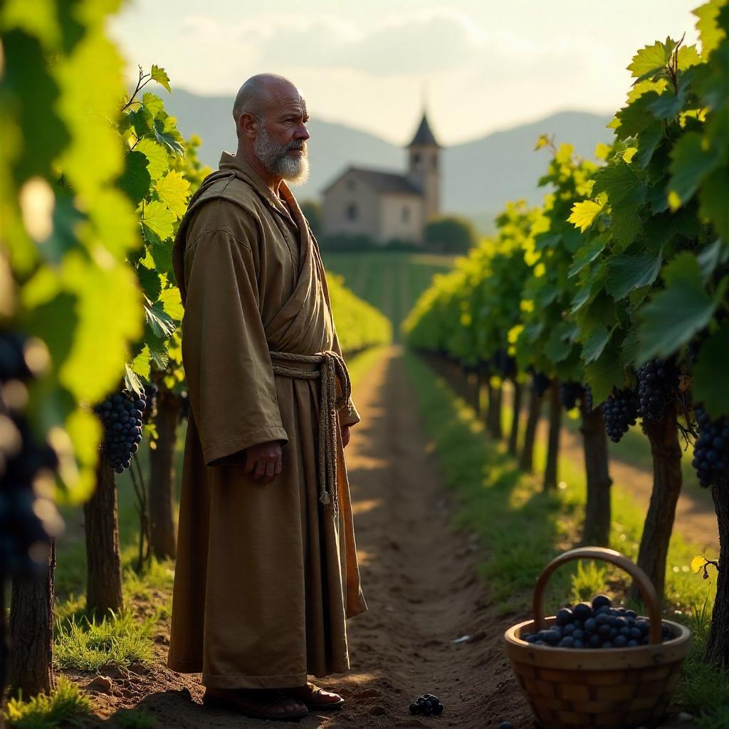 Photorealistic Monk in a Sunlit Vineyard