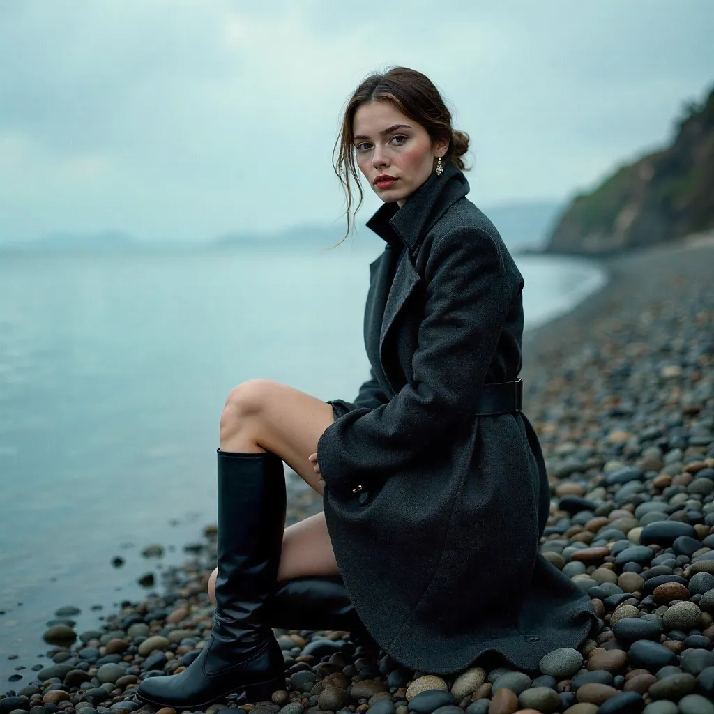 Kneeling on Pebble Beach in an Elegant Coat