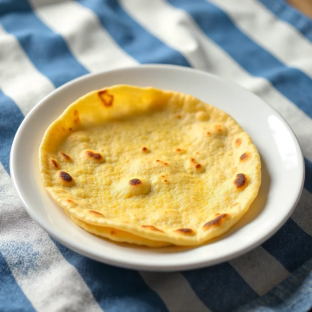 Two Corn Tortillas on White Plate with Striped Textile