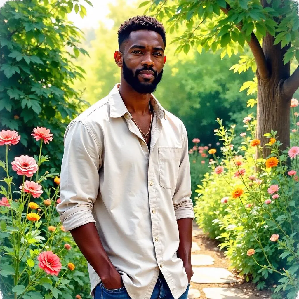 Watercolor Portrait of a Handsome Black Man in a Garden