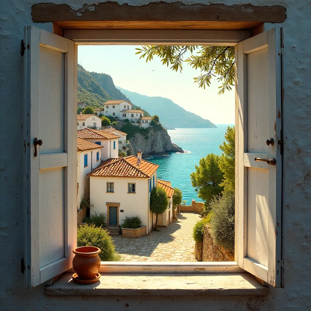 Rustic Window View of Mediterranean Rooftops and Sea