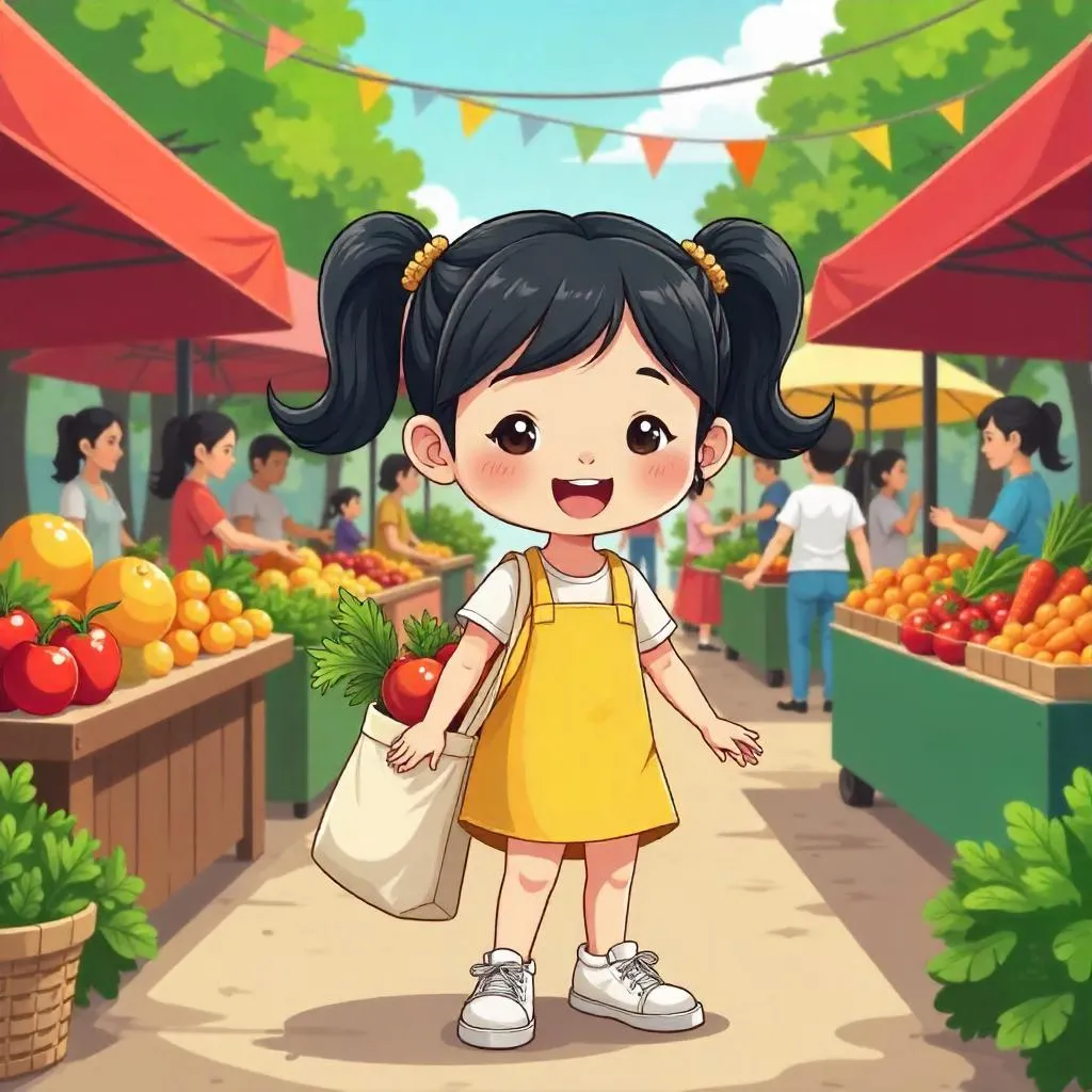 Cheerful Asian Girl at a Colorful Farmers Market
