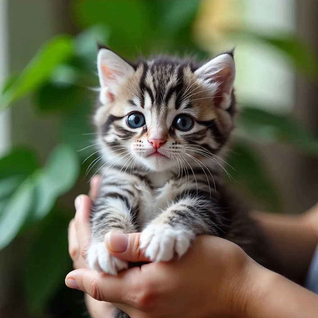 Cozy Indoor Portrait of a Grey and White Kitten with Foliage