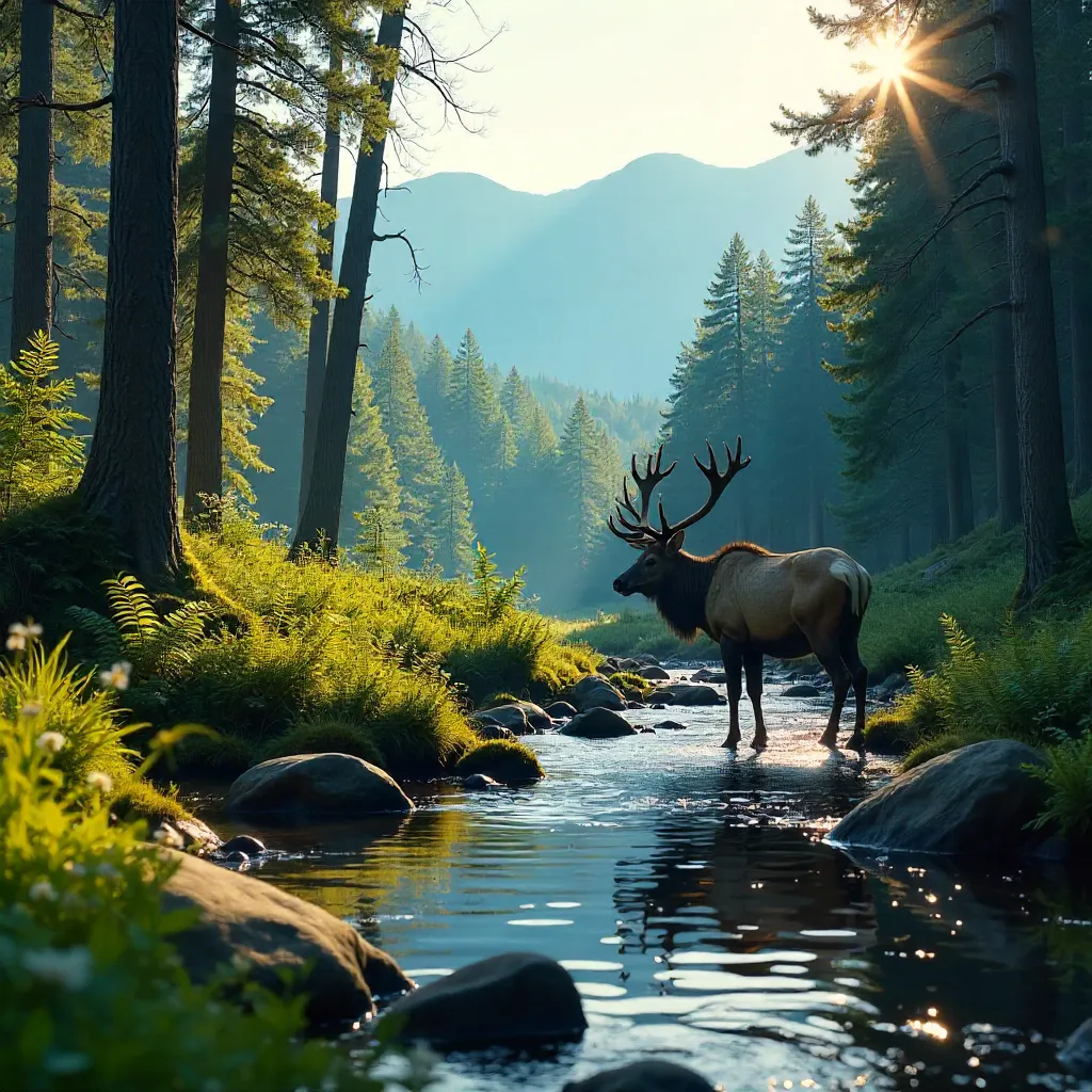 Elk strolling along a Gatlinburg stream in lush forest