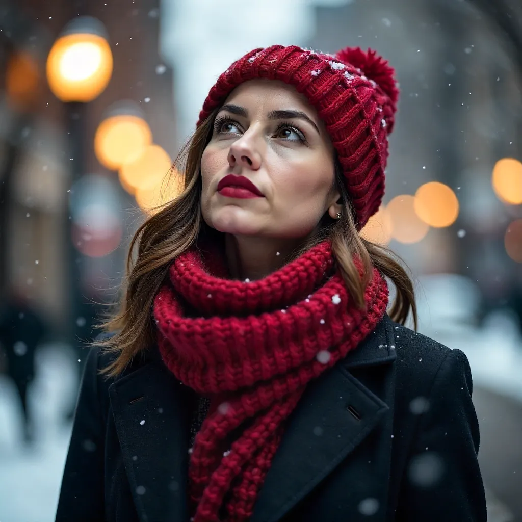 Confident Woman in Red Winter Accessories Looking Up