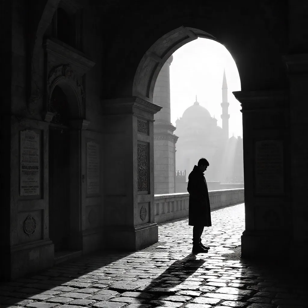 Silhouette in Istanbul's ancient doorway: dramatic shadows