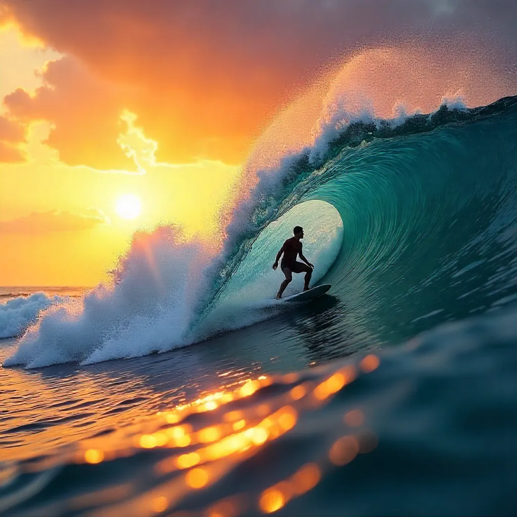 Sunset Surge: Surfer Rides a Dramatic Wave