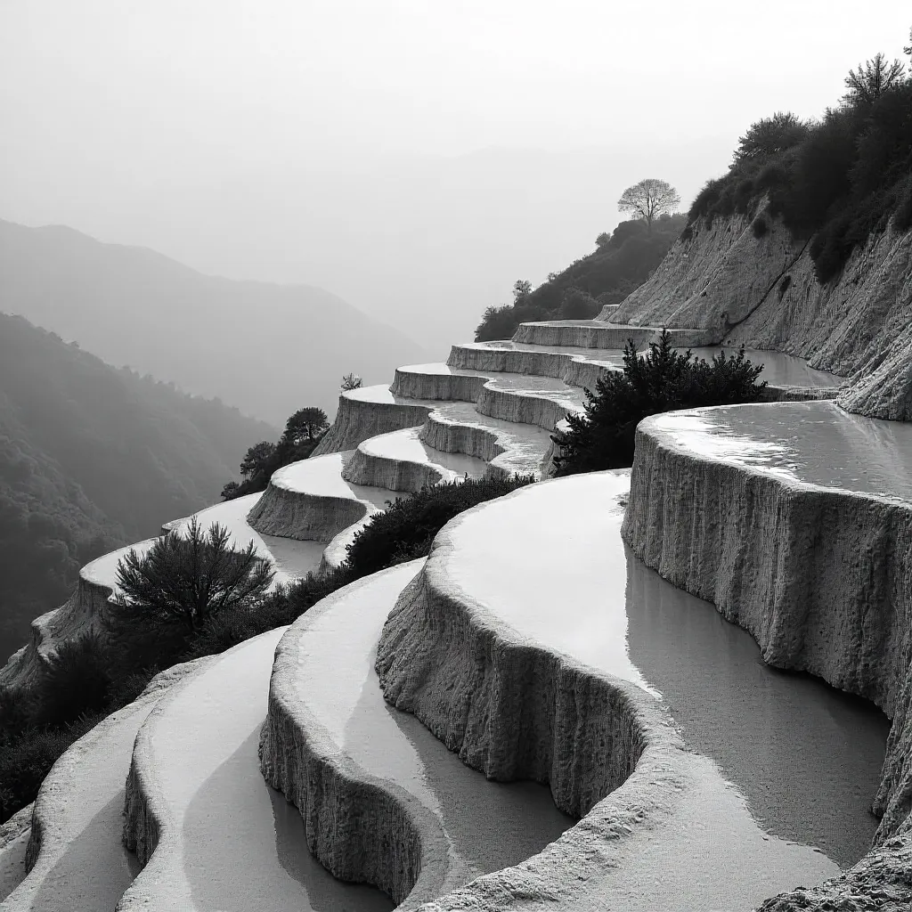 Mist & Marble: Bolu's Travertine Landscape in Monochrome
