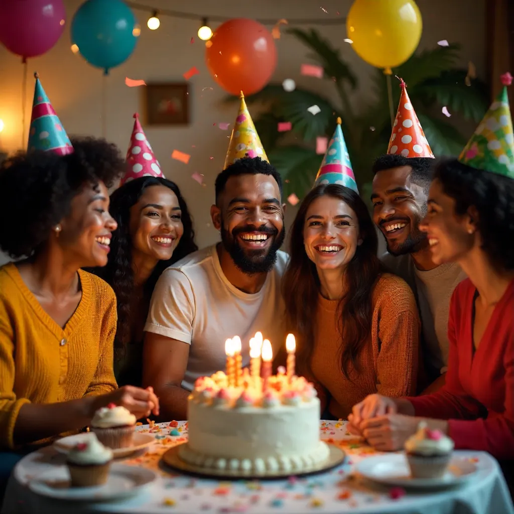 Joyful indoor birthday bash with confetti and hats