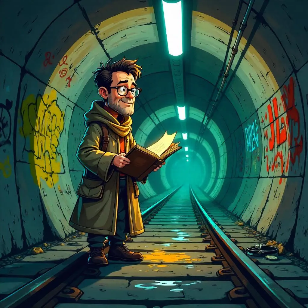 Cartoon Scholar in a Subway Tunnel