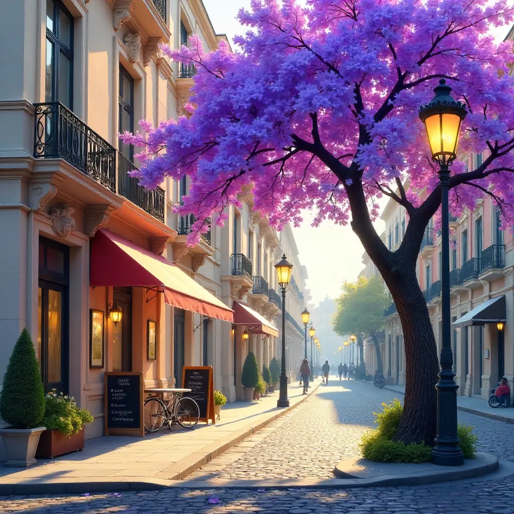 Jacaranda Bloom on a Historic Urban Street Corner